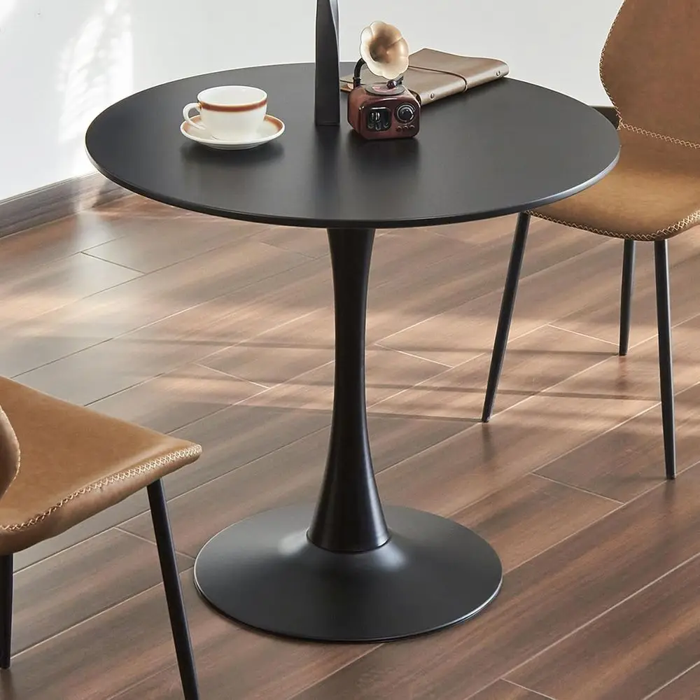 

31.5 Round Tulip Dining Table with Thickened Top and Metal Base, Modern Bistro Style for Small Spaces, Living Room, Black