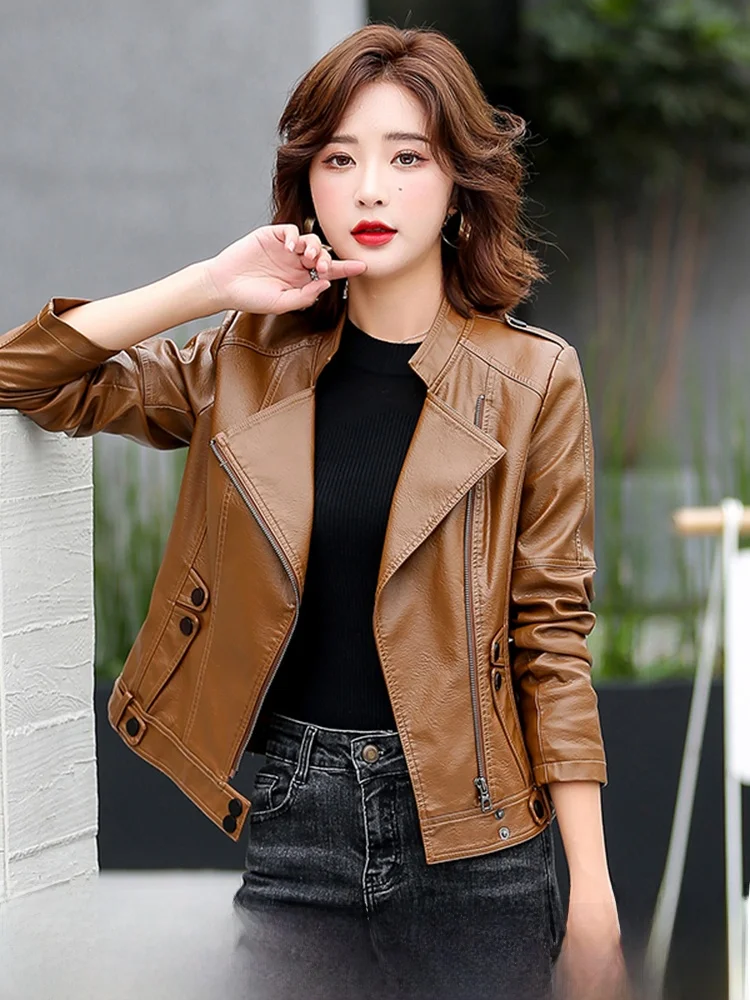 เสื้อแจ็คเก็ตหนังแท้ Haening สำหรับผู้หญิง ทรงสลิมฟิต คอลเลคชั่นฤดูใบไม้ผลิ-ฤดูใบไม้ร่วง ปี 2025 สีดำ ไซส์ใหญ่ เสื้อโค้ทหนังแกะ เสื้อคลุมผู้หญิง