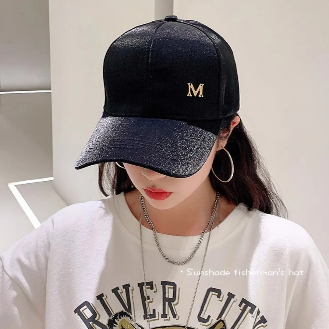 Baseball Cap Women Spring Summer Hats for Women Satin Fashion Metal Letter Snapback Adjustable Sunshade Casual Street Visor Cap
