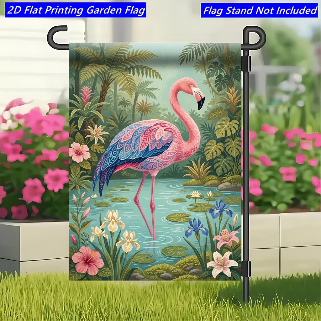 Bandera de jardín de 1 pieza, decorativa para exteriores, con estampado de flamencos y flores, de tela de poliéster, de doble cara, resistente a la decoloración, lavable, para patio, porche, jardín, granja, rancho, varios tamaños, suministros de decoración para el hogar, regalos de Acción de Gracias, Navidad y festividades.