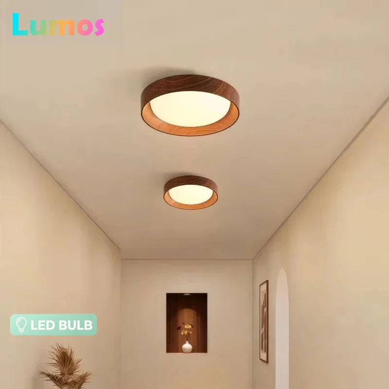 

LED Wood Grain Ceiling Round Ceiling Lamp 20cm Ultra-thin Hallway Balcony Lighting Kitchen Three-color Light Changing Lamp