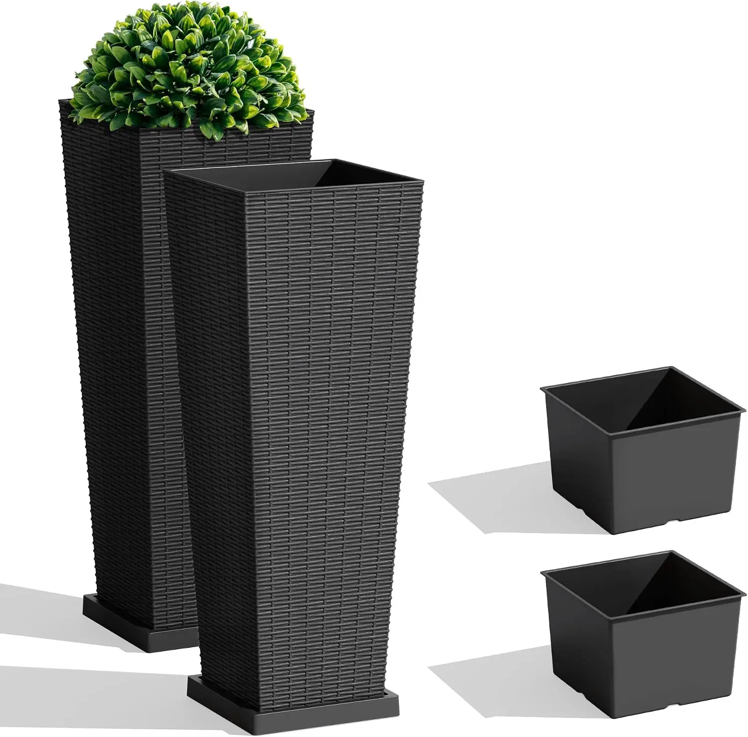 2-Pack Resin Rattan Tall Planters with Inner Tray & Outer Saucer, Weather-Resistant Drainage Design for Indoor/Outdoor Use, No Assembly Needed