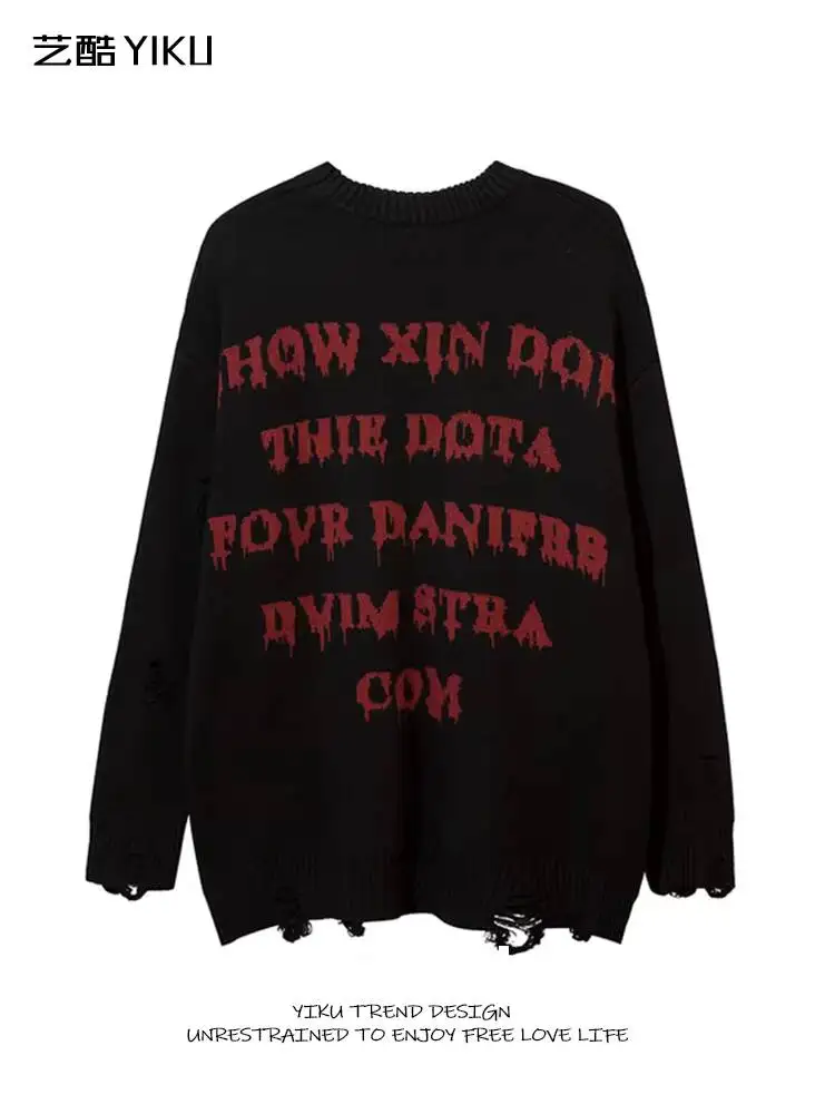 2026 Spring Unisex Sweater Gothic Punk Distressed Knit Sweater Edgy Subculture Letters Hip Hop Crew Neck Long Sleeve Streetwear