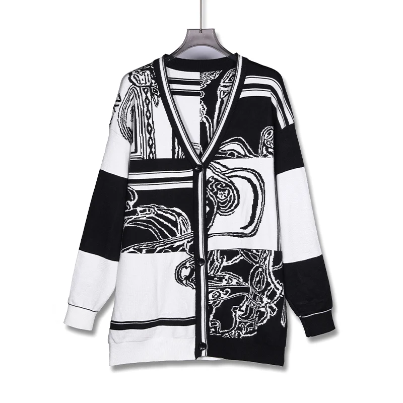 

H Horse Long Sleeve Golf Cardigan En Desordre Finesse Motif Knit Sweater Coat Luxury Brand 2024 Autumn Winter Top Women Clothing