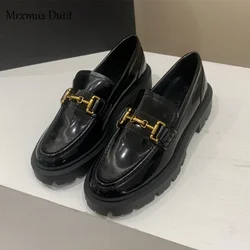 Mrxmus Dutit 2024 New Women Genuine Leather Round Head Thick Loafer Shallow Black Wild Casual Simple Slip-on Shoes Female