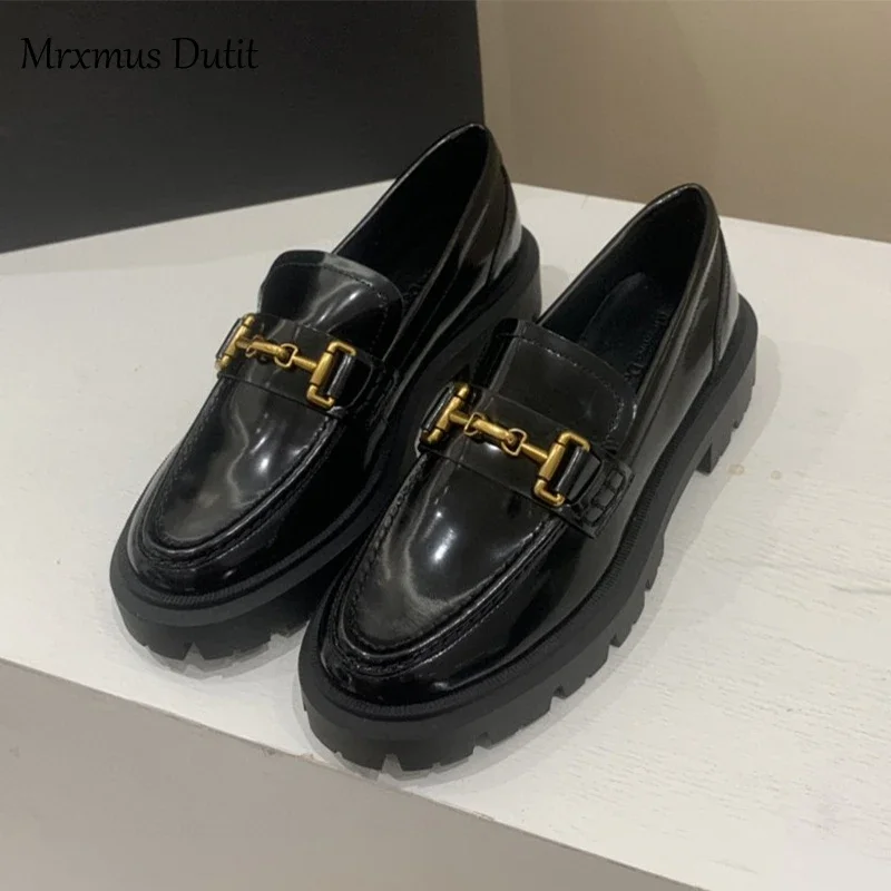 Mrxmus Dutit 2024 New Women Genuine Leather Round Head Thick Loafer Shallow Black Wild Casual Simple Slip-on Shoes Female