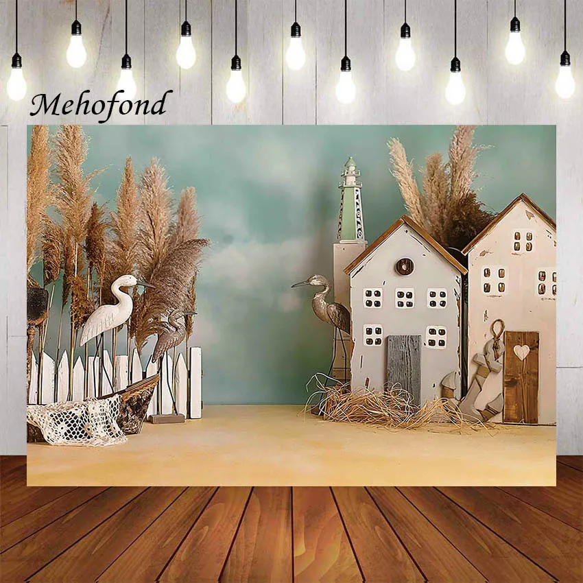 

Mehofond Photography Background Summer Pampas Grass Seaside Wooden House Birthday Party Cake Smash Decor Backdrop Photo Studio