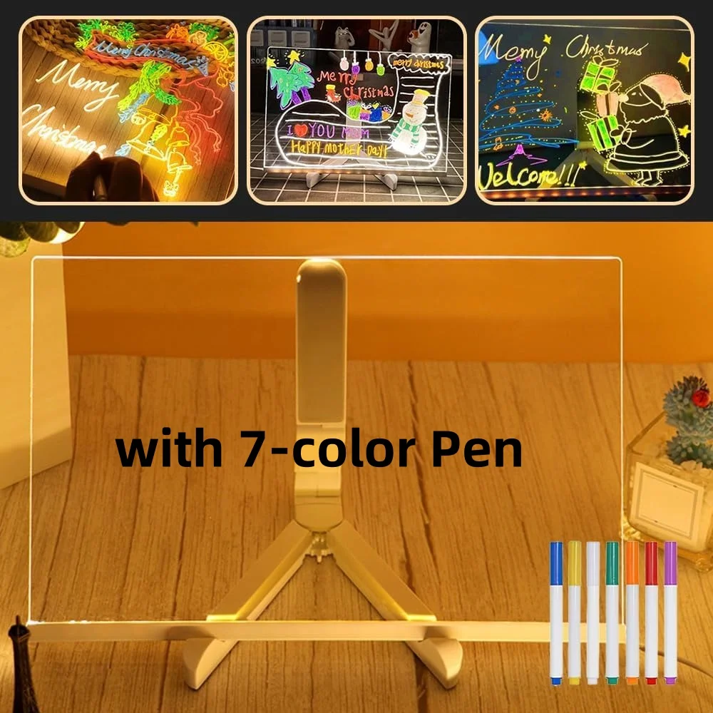 2025 LED Note Board with Colors, Light Up Acrylic Message Board Light Up Dry Erase Board with Adjustable Stand and 7 Colors Pen