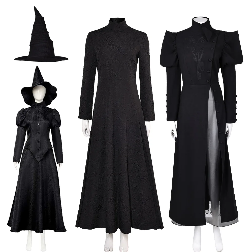 Women Elphaba Cosplay Black Puff Sleeve Dress 2024 Movie Wiked Roleplay Hat Skrit Outfits Halloween Carnival Party Fantasia Suit