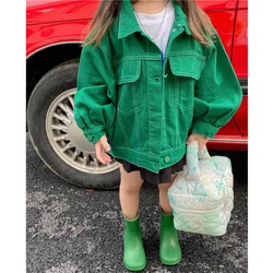 Korean Boys and Girls Gender Neutral Green Casual Tooling Denim Jacket Fashion Solid Simple All-match Coats Pockets Children