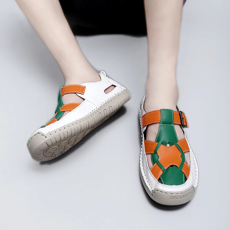 Sandalias de Mujer, Zapatos de verano hechos a mano, costura a la moda, cuero genuino, punta cubierta, Zapatos informales suaves para caminar, Plataforma para Mujer