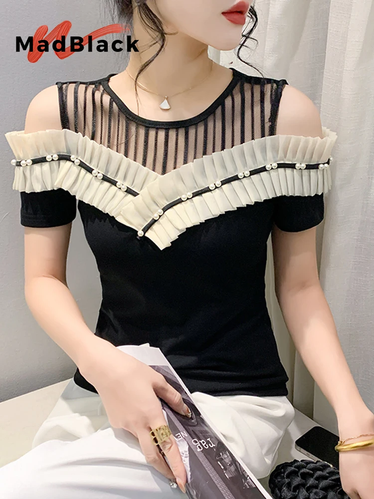 

MadBlack European Clothes Tshirts Women Sexy Off Shoulder Diamond Lace Slim Cotton Top Short Sleeve Tee Summer New 2024 T44054JC