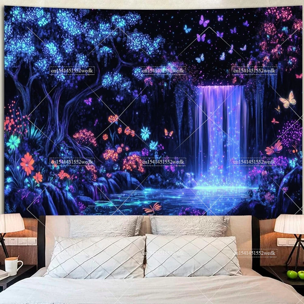 Blacklight Waterfall Tapestry UV Reactive Glow In The Dark Butterfly Floral Fluorescent Tapestrys Aesthetic Neon Backdrops
