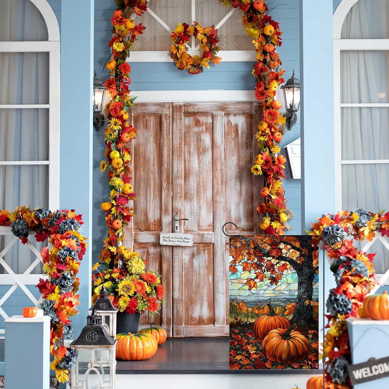 Ticuenicoa 12x18 inch Fall Pumpkin Garden Flag,Stain Glass Autumn Thanksgiving Decoration Maple Leaf Pumpkin Friendsgiving Photo