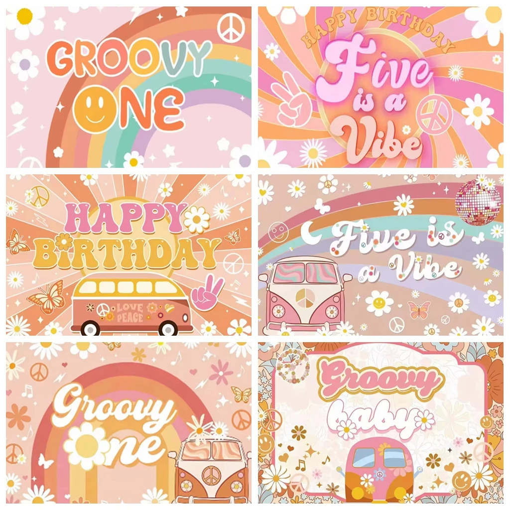 Pano de fundo para primeiro aniversário de meninas, boho, arco-íris, margaridas, ônibus, festa infantil, chá de bebê, cenário decorativo para fotografia