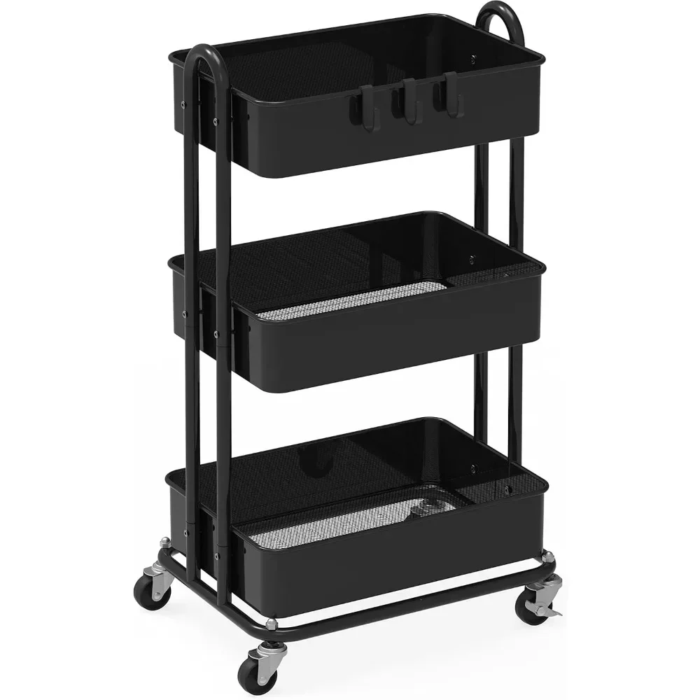 

Heavy Duty 3-Tier Metal Utility Rolling Cart, 12.5"D x 17"W x 31.5"H， Black