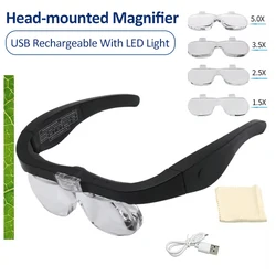 Head-mounted Magnifying Glasses With LED Light USB Rechargeable Magnifier Eyeglass Watchmaker Repair Wearing Reading Magnifier