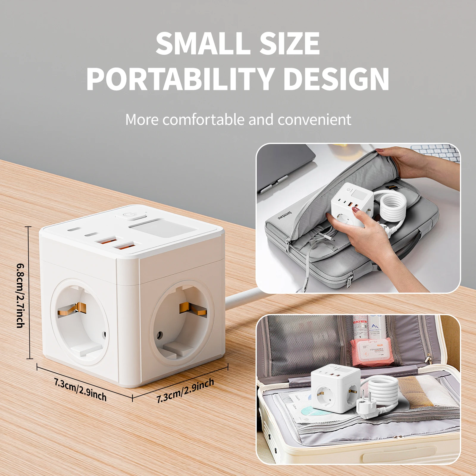 1 EU 8-in-1 power socket, with 1.5-meter extension cord power board, 3 AC sockets & 2 USB & 2 Type-C & dimmable small night ligh