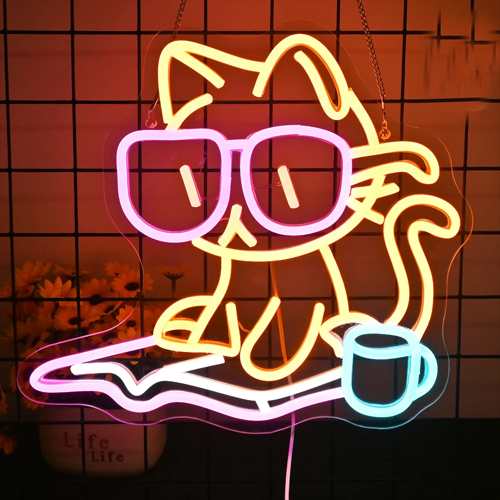 Cat Reading Book Neon Sign Wall Decor for Classroom Book Party Library Reading Room Decor Light Dimmable 5V/2A Led Light Sign