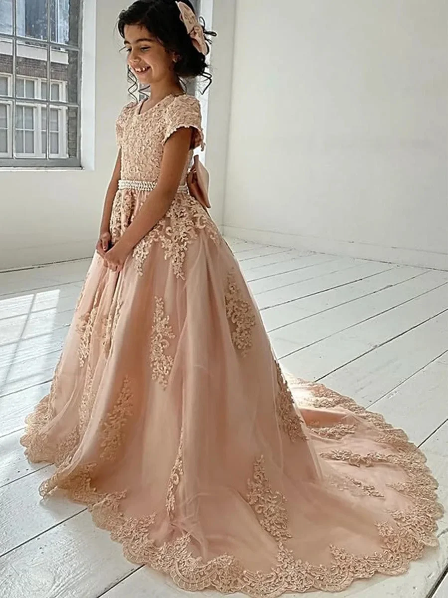 Flower Girl Dress For Wedding with Bow Beaded Appliques Floor Lenght Kids Birthday Gowns Luxury Princess Dress Custom