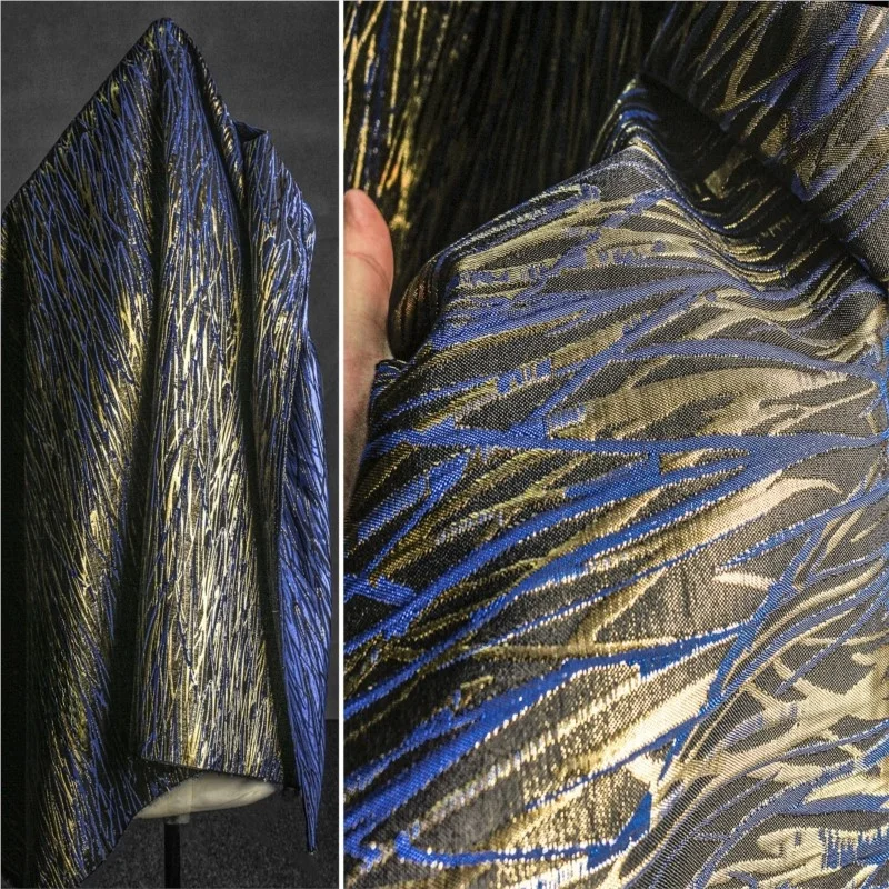 Gold and blue silk thread jacquard three-dimensional fabric remade coat hand-wrapped skirt designer - Image 2