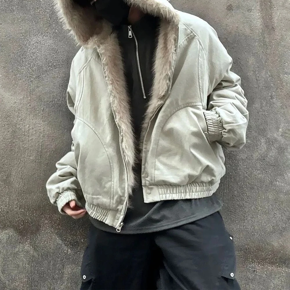 Mens Casual Loose High Quality Y2k Cotton Jacket Autumn And Winter Fashion Thick Warm Fur Collar Cotton Jacket Men Clothing