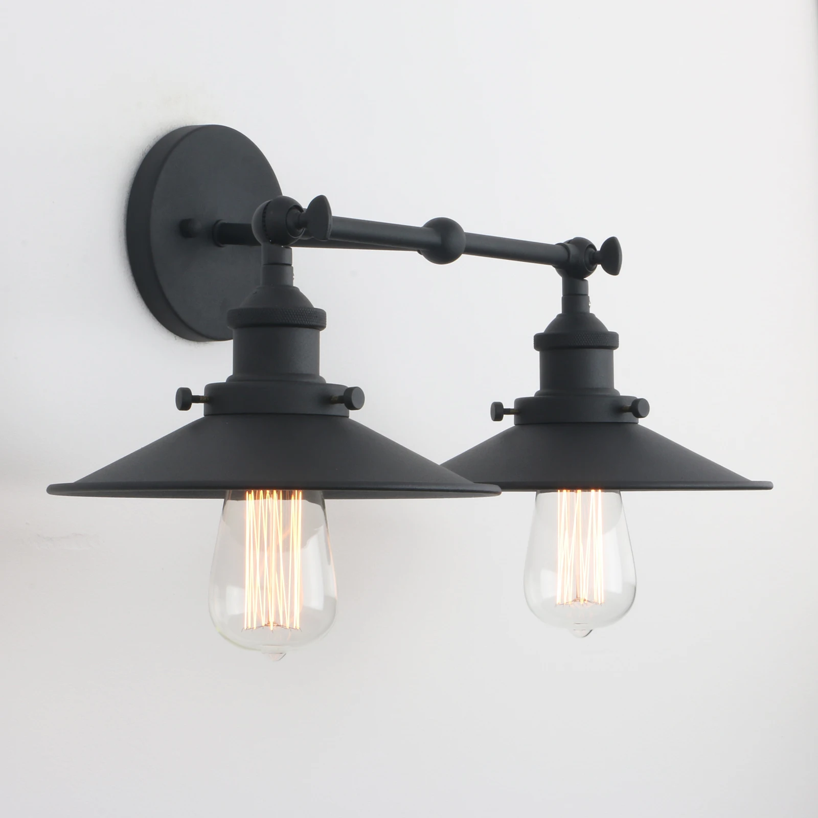 Phansthy Vintage Industrial Wall Sconces Matte Black 2-Light Bathroom Vanity Light with 8.5 Inches Metal Lamp Shade