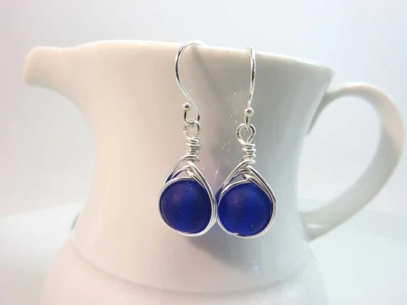 dark blue seaglass earrings sterling silver herringbone wire wrapped cultured sea glass beads argentium silver