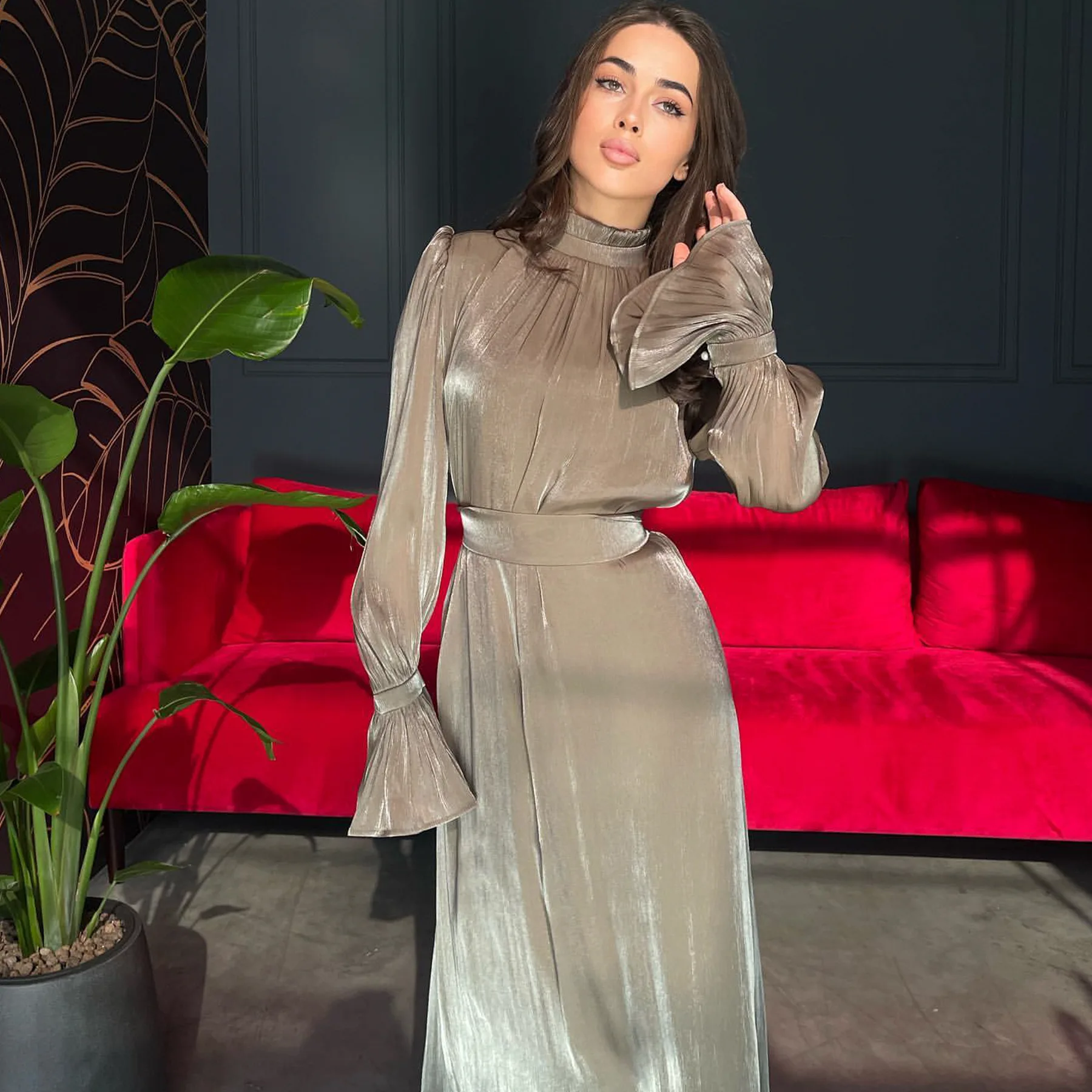 Shiny Satin Modest Fashion Women Muslim Dress with Tie Belt Holiday Outfit Islamic Clothing Kaftan Caftan Long Abaya Robes Arab