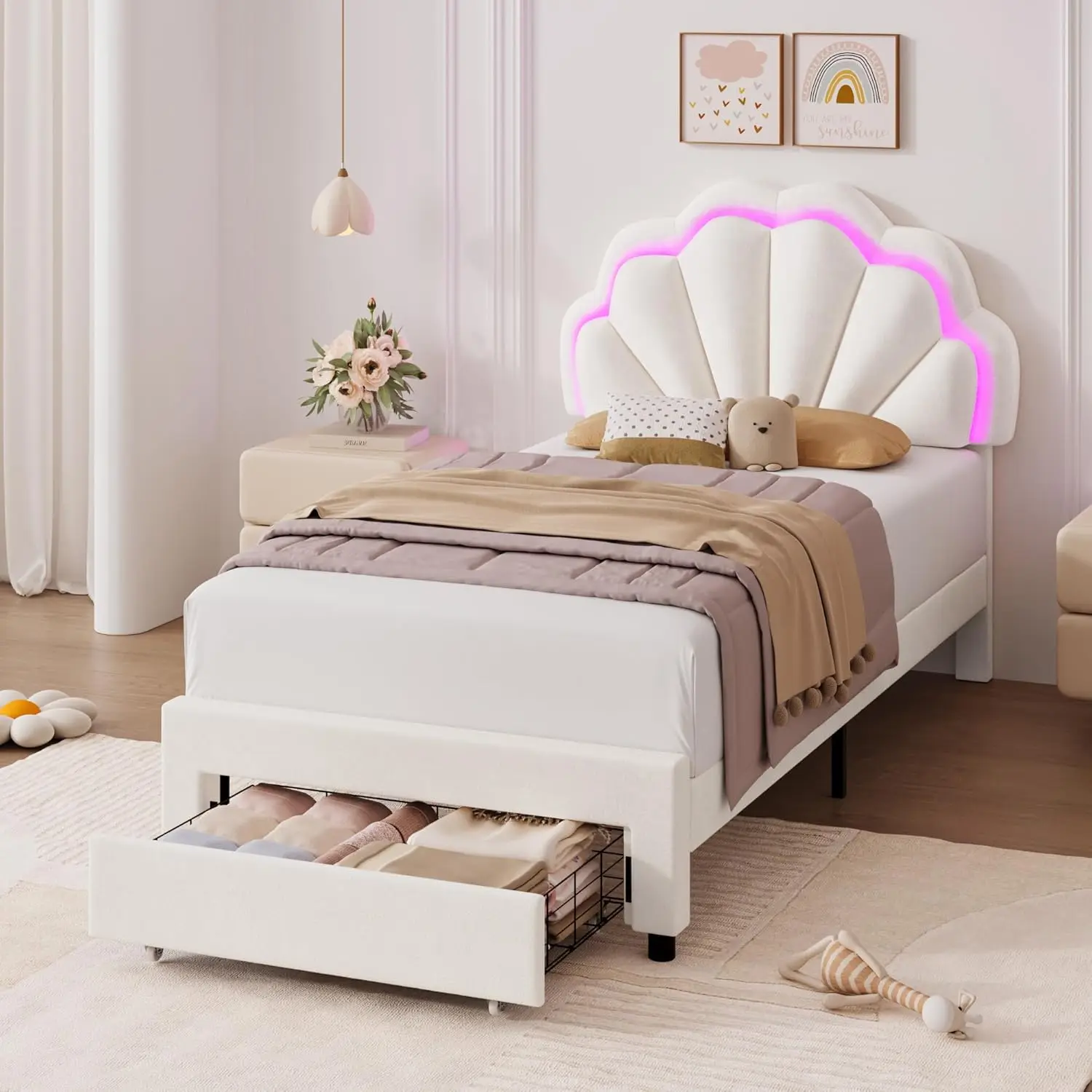 Marco de cama LED inteligente tapizado doble con cajón de almacenamiento y cabecero de doble pétalo elegante ajustable, cama de plataforma Princess para G