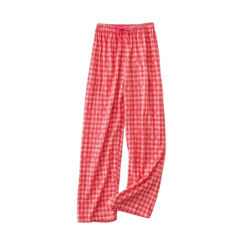 

Sweet Korean Style Plaid Heart Long Pants Colorful Comfortable Loose Trousers Soft Elastic Fabric Drawstring Pants Vacation Wear