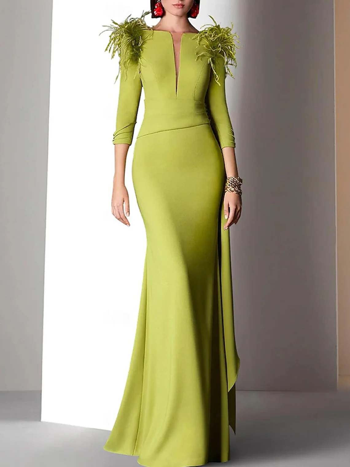 

Elegant Mermaid Stretch Fabric Prom Dress V Neck Floor Length 3/4 Sleeve Solid Color Formal Evening Gown 2025 free customized