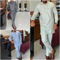 Men's Set Ethnic Style Solid Color Pockets Long-sleeved Top Trousers Men's Clothing 2 piece outfit Suit Casual Dashiki Tees Pant