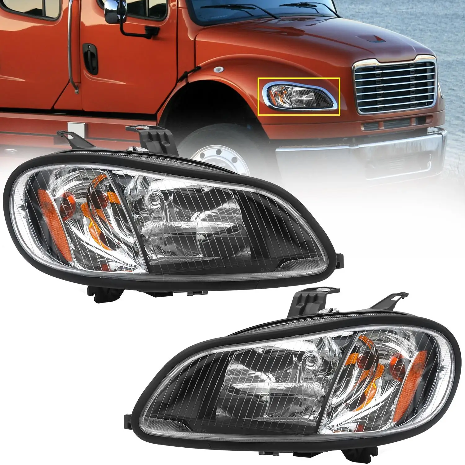 

For2004-2013 Freightliner M2 Headlight Assembly Compatible Black Housing Clear Lens Driver & Passenger Side Headlamp Replacement
