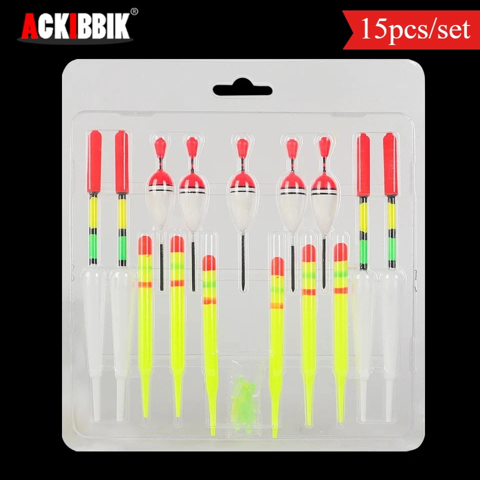 Ackibbik 15 قطعة مجموعة عوامة الصيد المختلطة العوامة بوبر مصباح الصيد عصا يطفو إغراء تعويم صيد السمك لصيد سمك الشبوط Pesca
