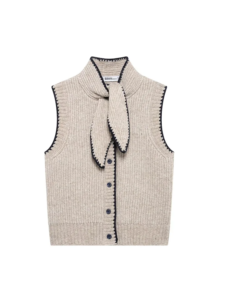 Fall/Winter 2025 New Temperament Women Sleeveless Knitted Vest Fashion Ladies Bow Tie Single-breasted Vest Jacket