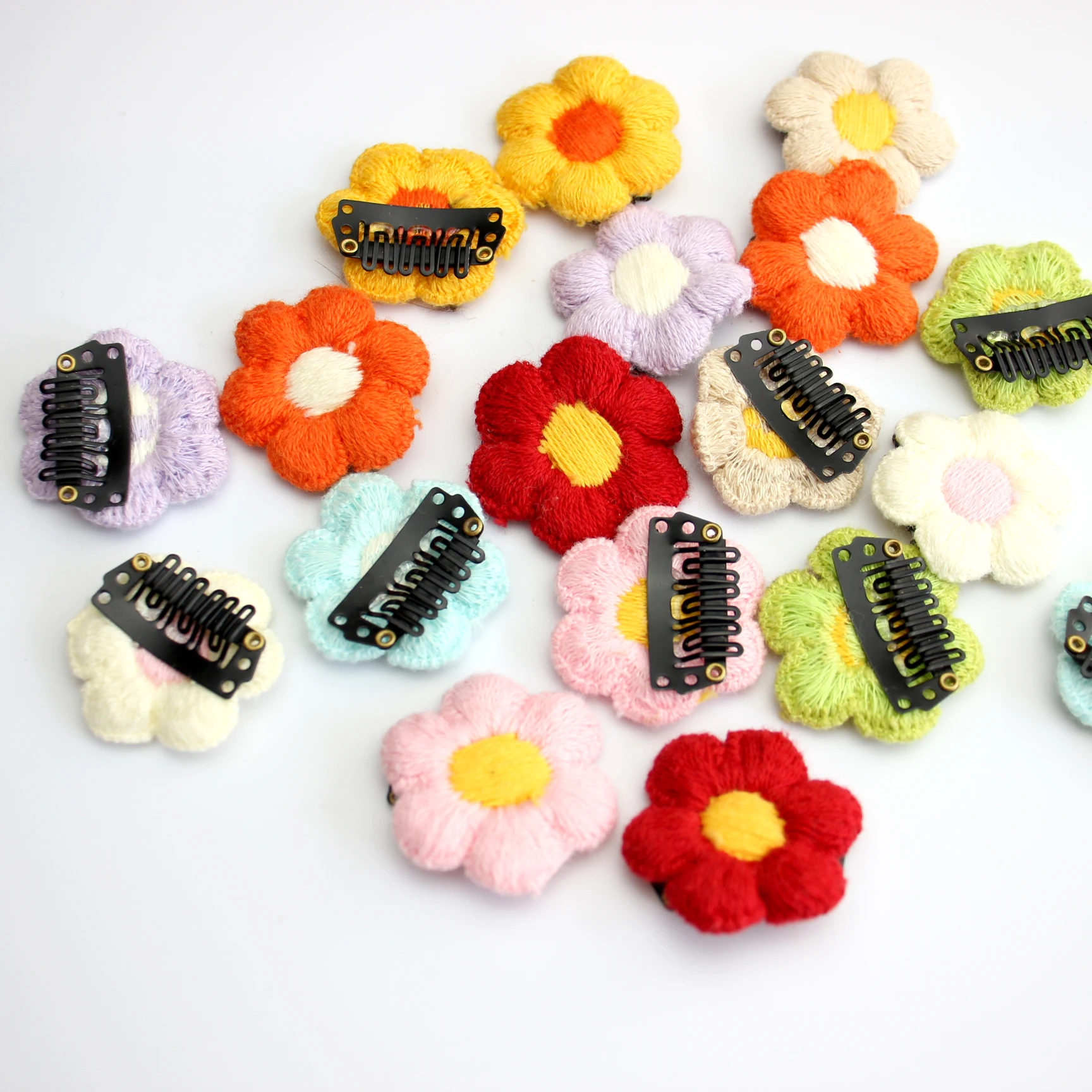 

10pcs Embroidery Flower with Wig Clip Fine Hairpin Newborn Headwear Baby Girls Knitted Sun Flower Barrettes Mini Latch Wisp Clip