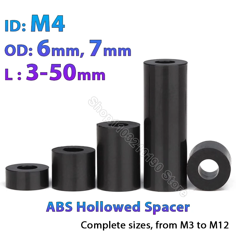 

30-500pcs M4 Black ABS Non-Threaded Nylon Spacer Round Hollow Standoff Washer PCB Board Screw Column Pillar OD 6mm 7mm, L=3-50mm