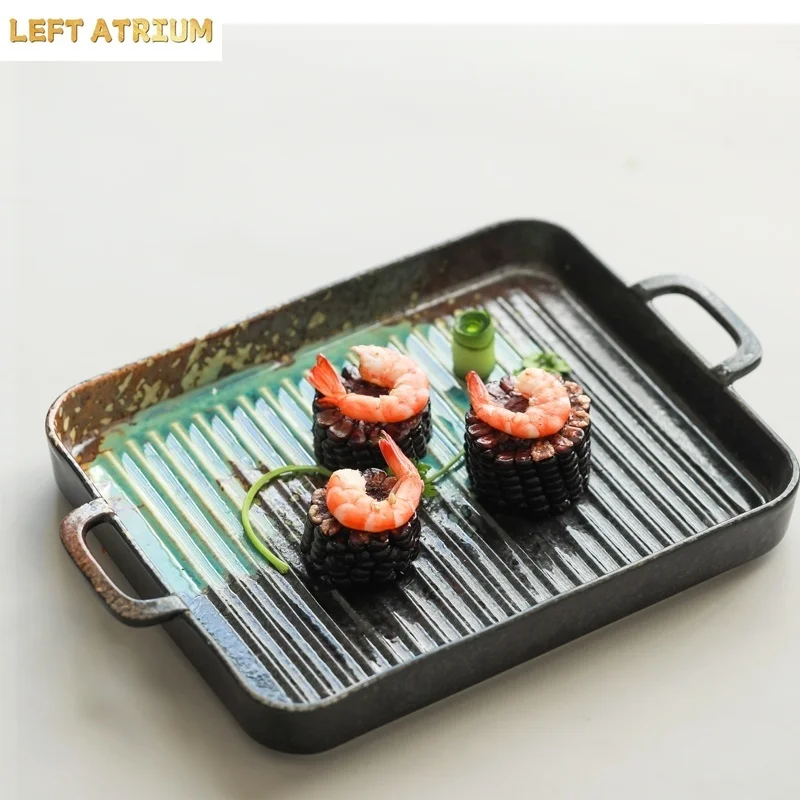Household baking pan ceramic dinner plate retro oven special binaural bakeware tableware rectangular