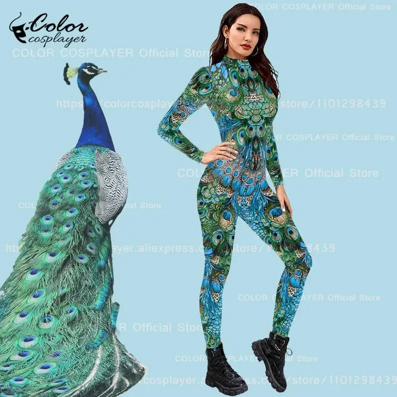 Color Cosplayer Peacock Costume Peafowl Jumpsuit Animal Cosplay Bodysuit Carnival Outfit 3D Print Skinny Catsuit Party Outfit