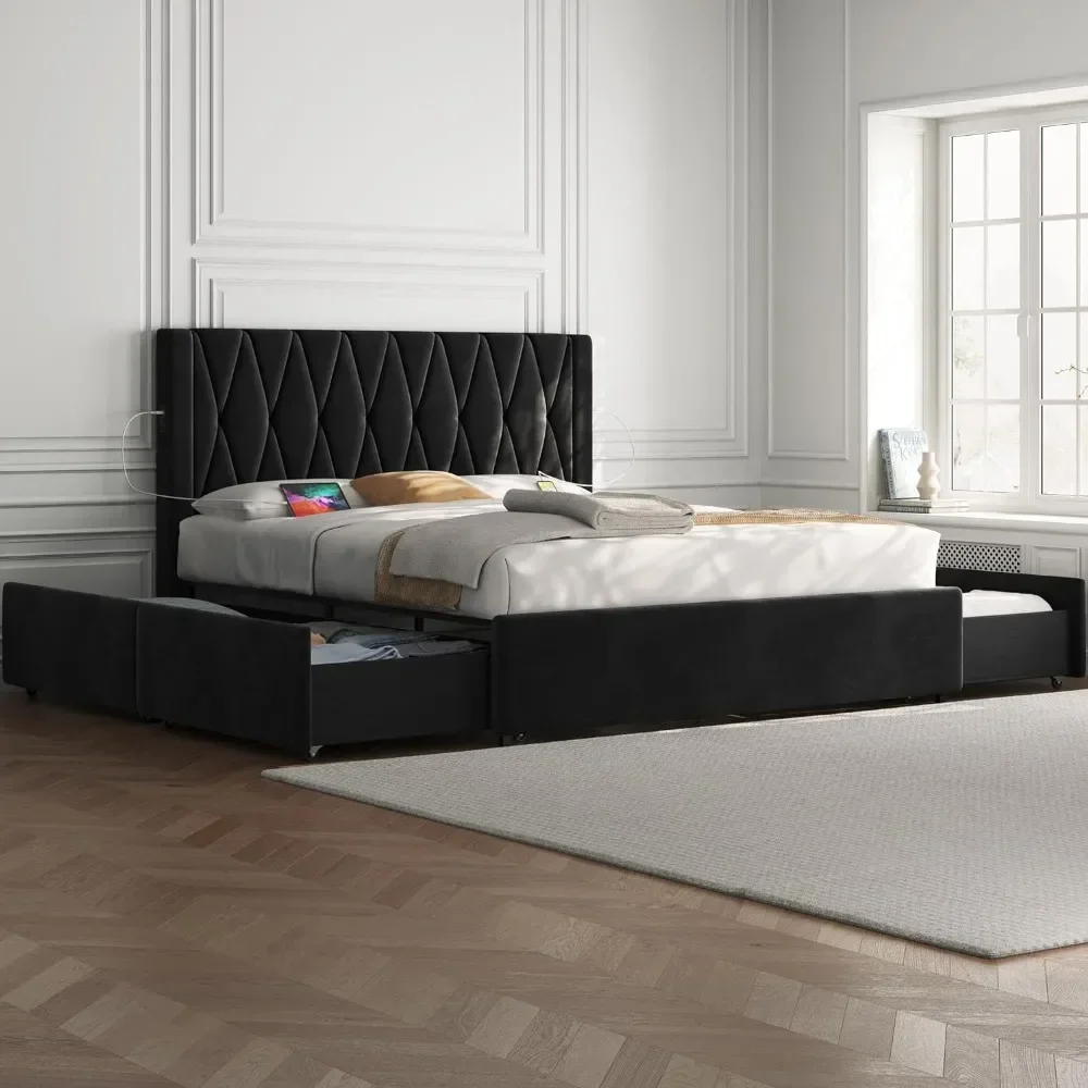 

l # for Bed Frame with USB Charging Station, Diamond Tufted Headboard, Mattress Foundation, Strong Wooden Slats, Bed Frame