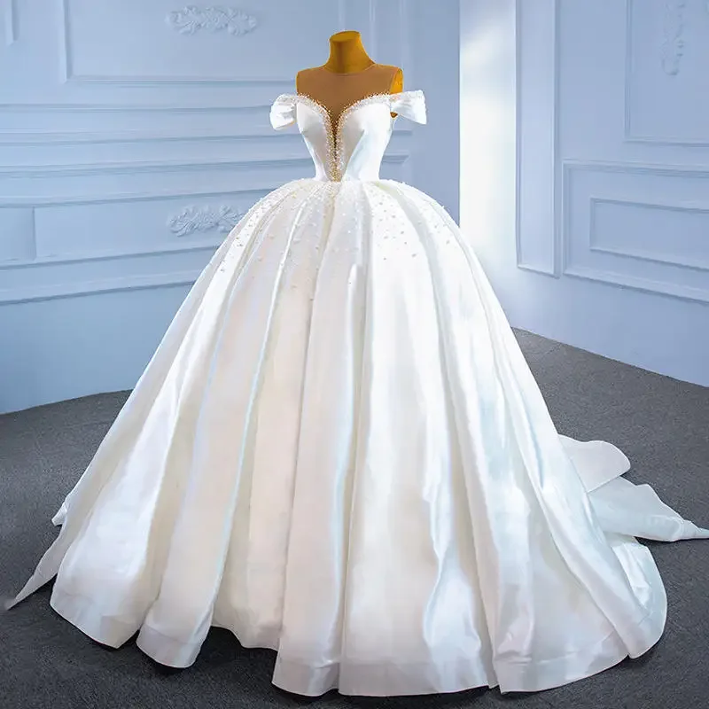 Customized  Scoop Neck Shinny Sequins Beads Wedding Dress For Bride Mermaid Church Pleated Long Sleeves Satin Bridal Gowns