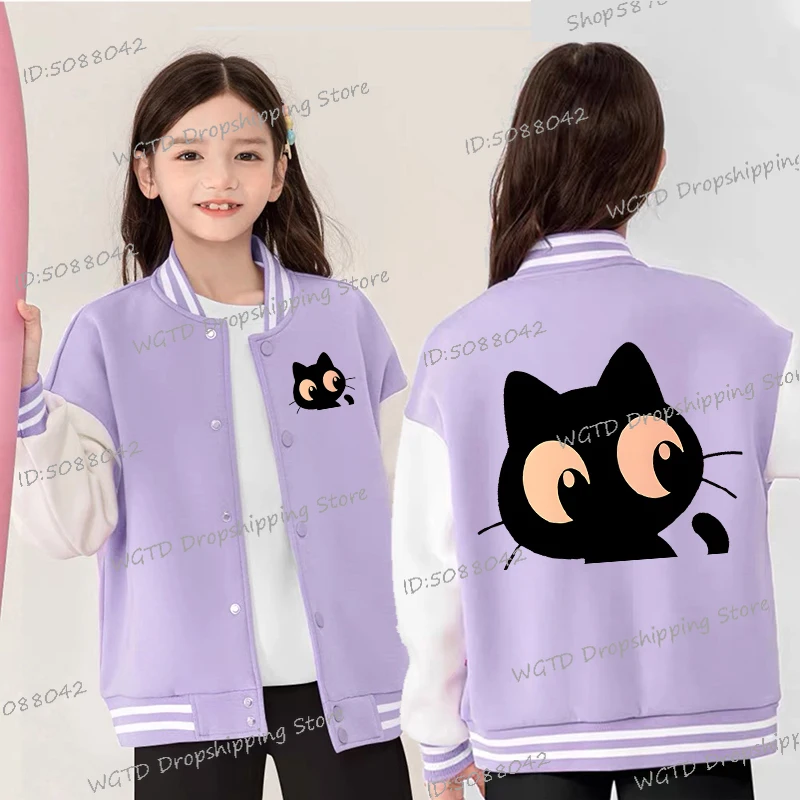 

Children Clothing Cartoon Cat Print Jacket Girls Boys Long Sleeve Fleece Kawaii Kitten Baseball Uniform Autumn Kids Outerwear