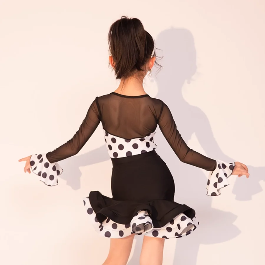 키즈 소녀 라틴 댄스 메쉬 도트 프린팅 바디수트와 스커트 볼룸 룸바 댄서웨어 트레이닝 차차 공연 의상