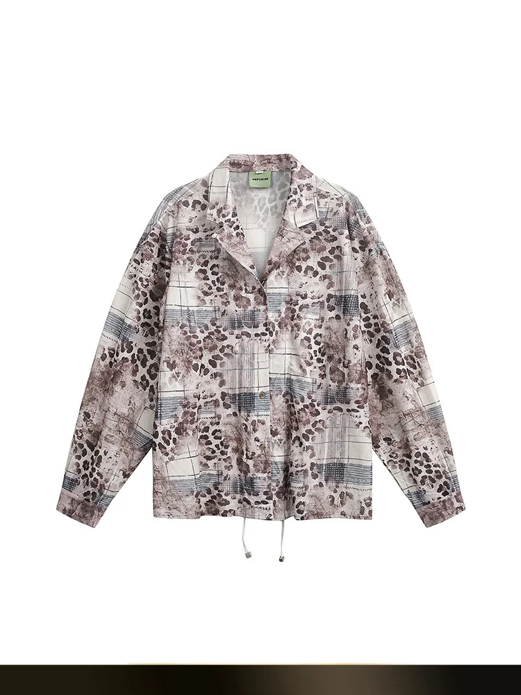 

American Retro Leopard Print Patchwork Grid Pattern Men's Summer New Style Cuban Collar Loose Long Sleeve Shirt Polyester Spa...