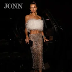 JONN 2024 New Women's Crop Top Dress Sexy Off Shoulder Feather Design Sequin Mesh Panel Bandage Two-Piece Nightclub Party Outfit