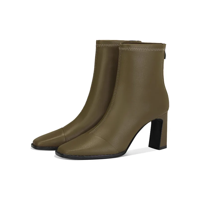 

Khaki Block Square Toe High Heel Ankle Boots Women Chunky Heel Winter Warm Rear Zipper Slim Boots