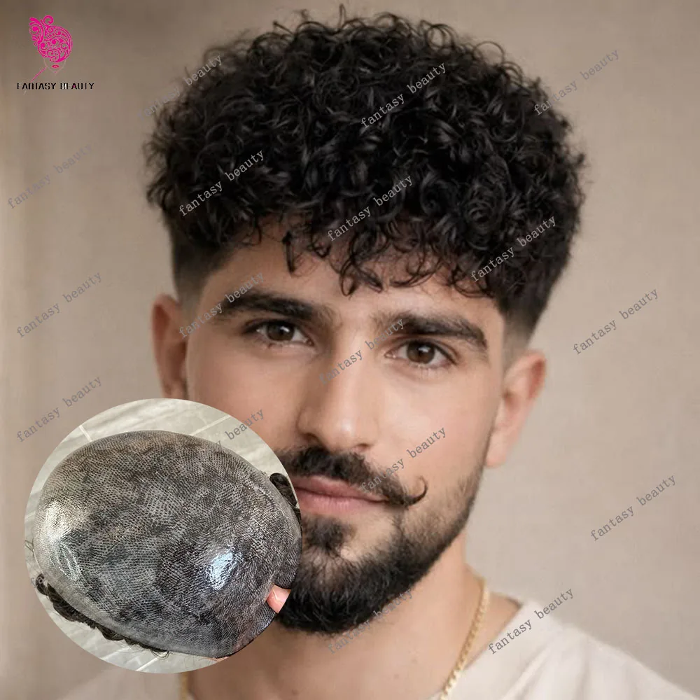 Natural Hairline Afro 18mm Curly Durable#1B80 Men's Black HumanHair Toupee Thin Skin Cheap 0.1mm Injected Replacement Prosthetic