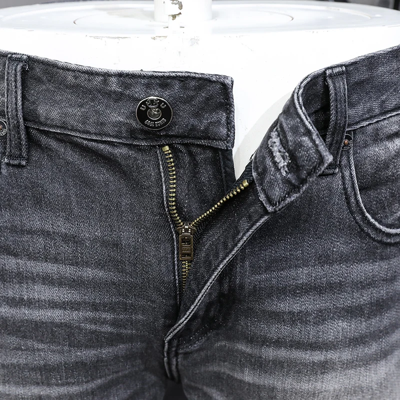 Fashion Designer Men Jeans High Quality Retro Black Gray Stretch Slim Fit Ripped Jeans Men Vintage Casual Denim Pants Hombre