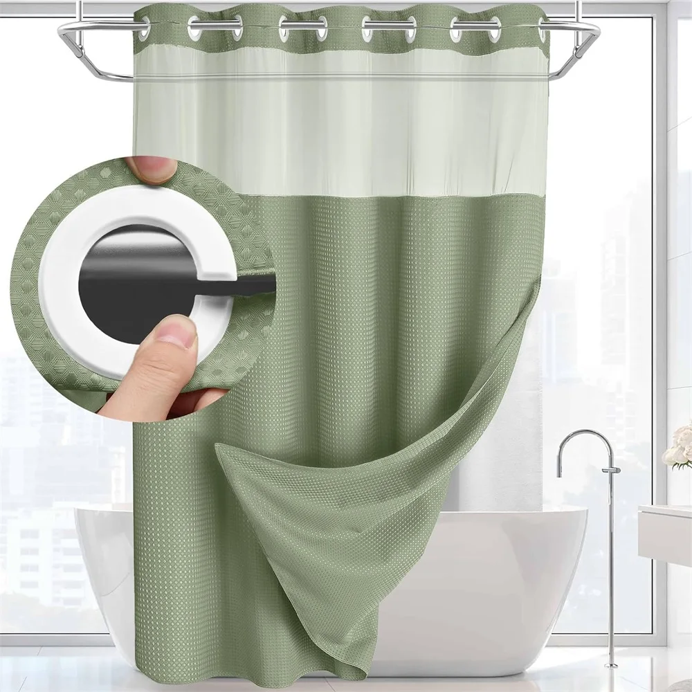 1PC unhooked large hole waffle check shower curtain, 72in*75in, hotel grade, spa waterproof shower curtain, fruit green